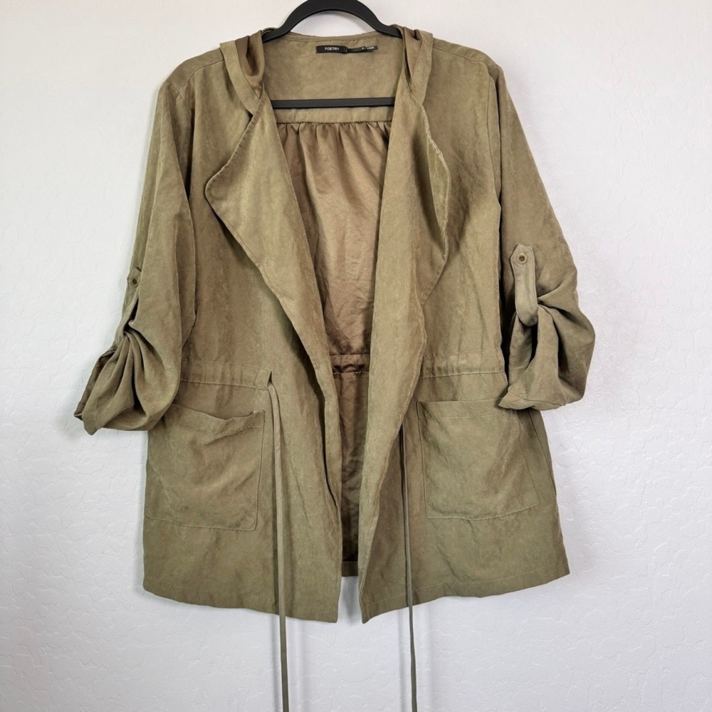 Poetry Medium Utility Jacket Olive Green Roll Tab Sleeve Hooded Brushed Drape